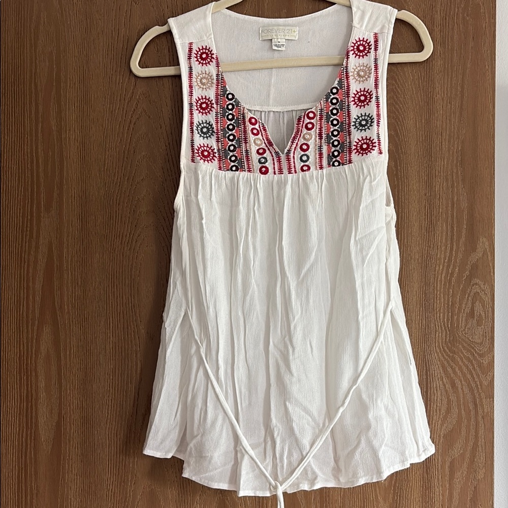 Forever 21 White Sleeveless Embroidered Tank Top